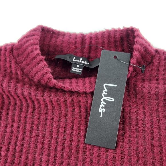 Lulus Cuddly Couture Waffle Knit Mock Neck Top Sweater Size Small Burgundy Luxe - Picture 5 of 9